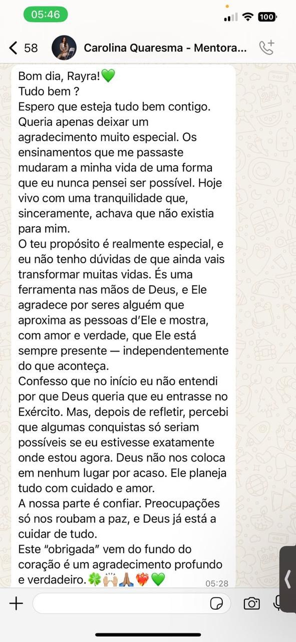 Mensagem de aluna relatando resultados após iniciar a jornada