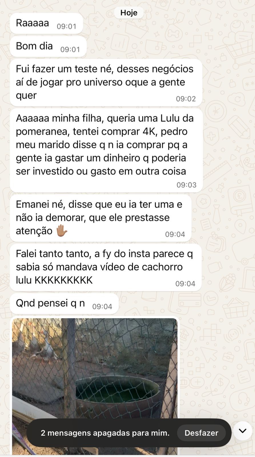 Mensagem de aluna com a manifestação da adoção do cachorro
