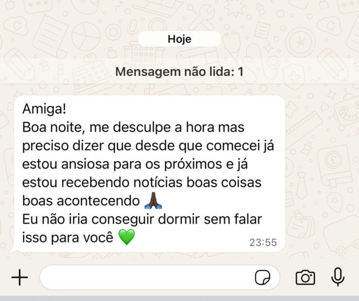 Mensagem de aluna sobre paz e propósito